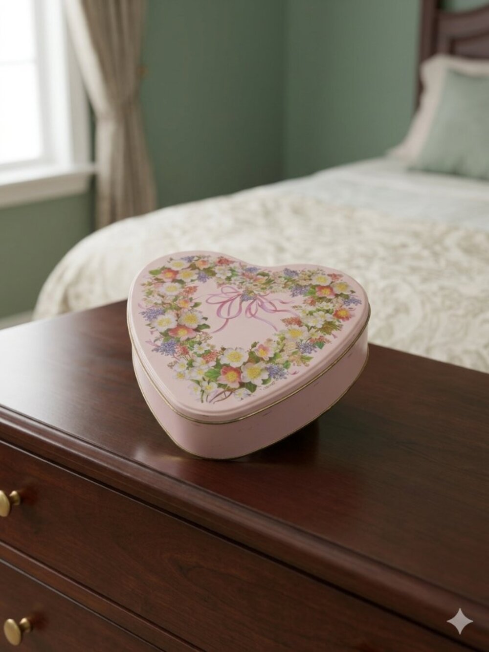 Vintage T. Cathey Heart shaped Floral Metal Tin matte finish Pink Bow Valentines